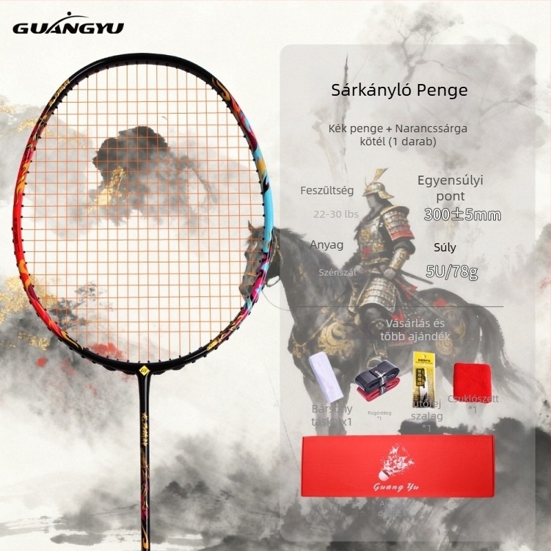 Karbon szálas tollaslabda ütő, közvetlen ütés, súly 75–79 g, markolat vastagsága G-5, közepes keménység