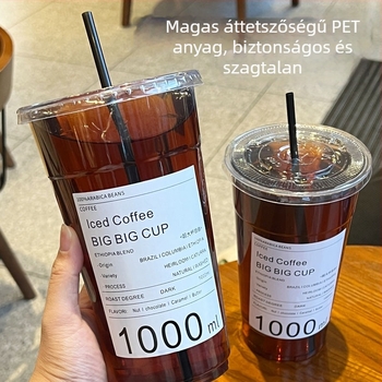 Egyszer használatos PET kávés pohár, 1 L, átlátszó, logó nyomtatási lehetőség, testre szabható, ideális kávézókhoz és hideg italokhoz