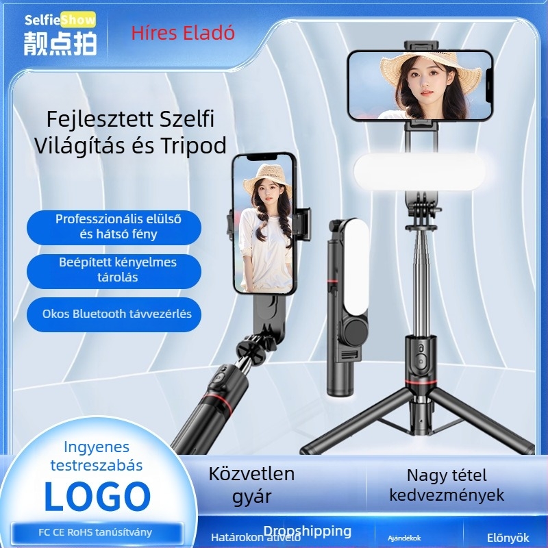 Fénykiegészítővel ellátott selfie bot, kihúzható állvány, Bluetooth távirányító, háromszínű fényhőmérséklet, modell L15, rozsdamentes acél + ABS konstrukció