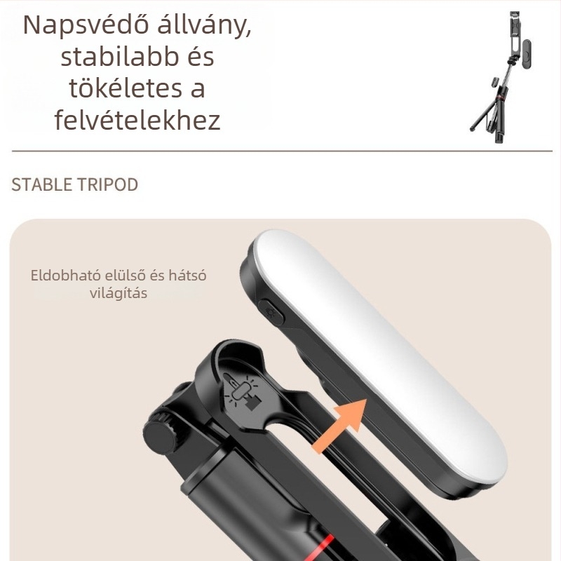 Fénykiegészítővel ellátott selfie bot, kihúzható állvány, Bluetooth távirányító, háromszínű fényhőmérséklet, modell L15, rozsdamentes acél + ABS konstrukció
