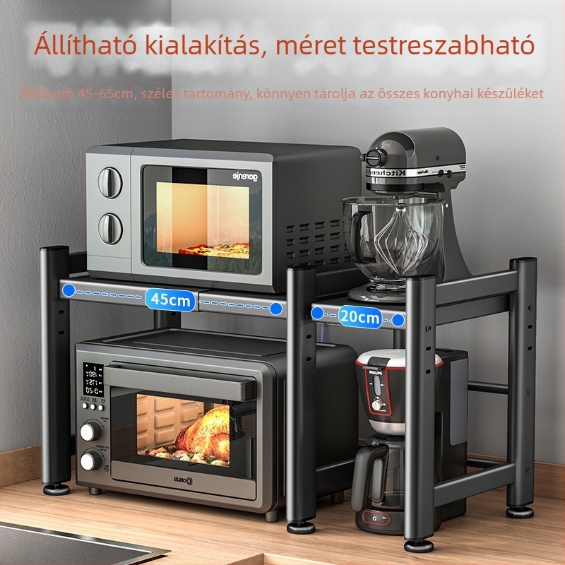 Konyhai mikrohullámú sütő tároló állvány - összecsukható, szénacél, többszintes, rozsdaálló kivitel