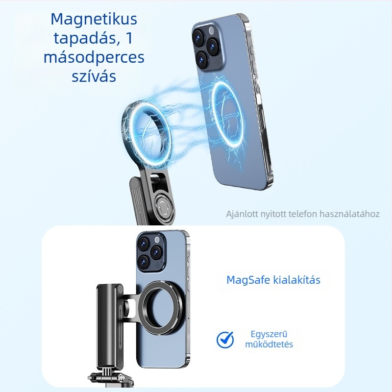 Mágneses selfie stick Bluetooth távirányítóval, alumíniumötvözetből készített állvány, állítható fókusz, mobil élő közvetítéshez