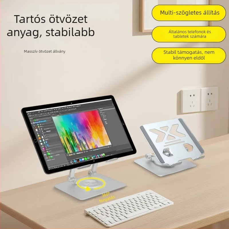 Asztali állvány tabletekhez és telefonokhoz, CNC precíz tiszta alumíniumötvözet, összecsukható emelőmechanizmus, univerzális kompatibilitás, hőelvezető dizájn, súly 269 g
