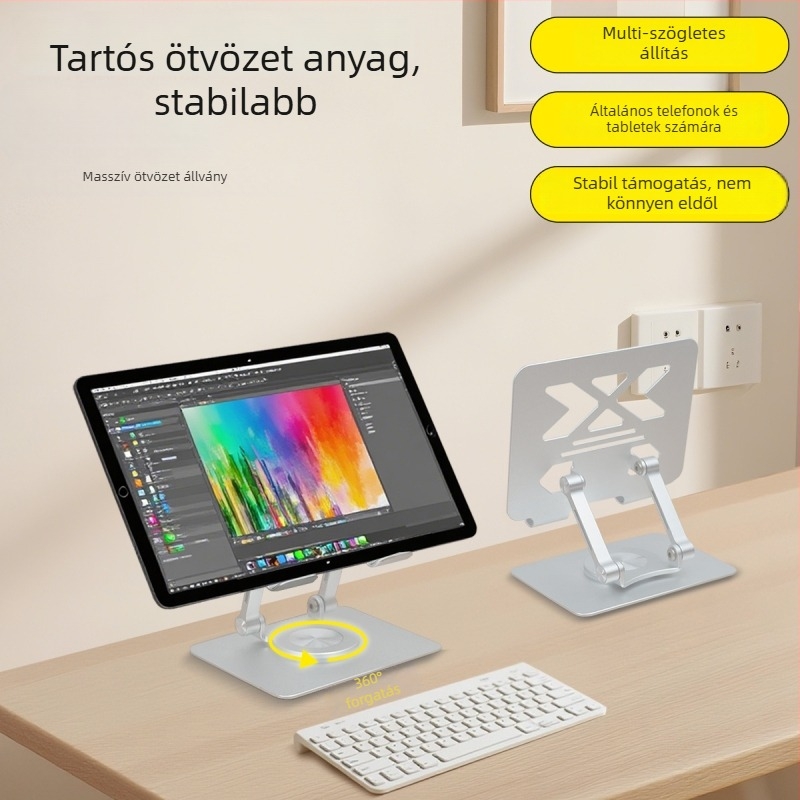Asztali állvány tabletekhez és telefonokhoz, CNC precíz tiszta alumíniumötvözet, összecsukható emelőmechanizmus, univerzális kompatibilitás, hőelvezető dizájn, súly 269 g