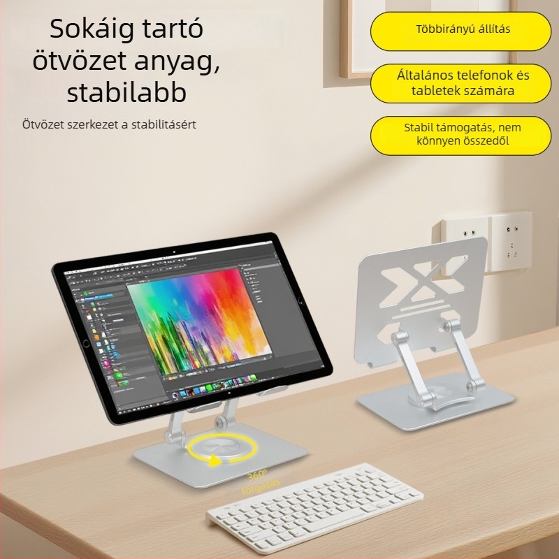Asztali állvány tabletekhez és telefonokhoz, CNC precíz tiszta alumíniumötvözet, összecsukható emelőmechanizmus, univerzális kompatibilitás, hőelvezető dizájn, súly 269 g