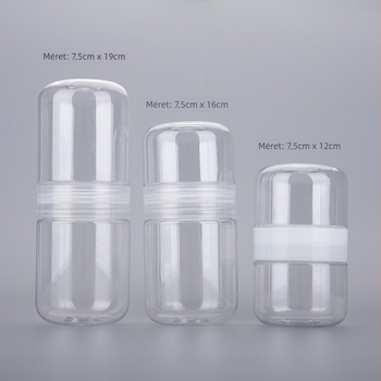 Kétszárnyú átlátszó cukorkatartó üveg, PET műanyag snack és tea tároló, nyomtatott logóval, falvastagság 1 mm, nettó tömeg 80 g