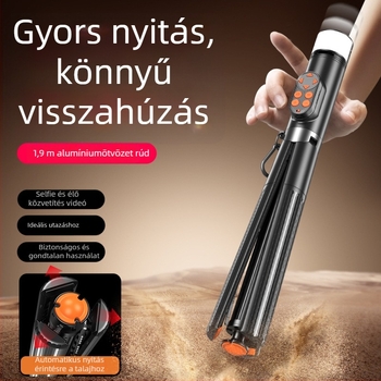 Szelfi bot-trípod – alumínium ötvözet, Bluetooth, távirányító, beépített világítás, univerzális