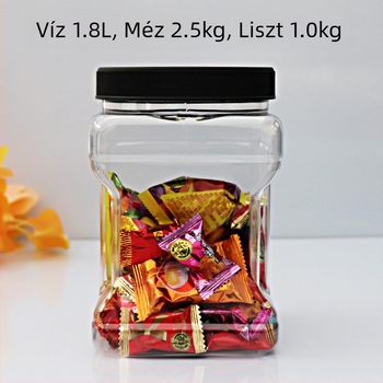 Kézben tartható négyzet alakú PET-palack sík fedéllel, alumínium-fólia tömítőgyűrű és nyomtatott logó