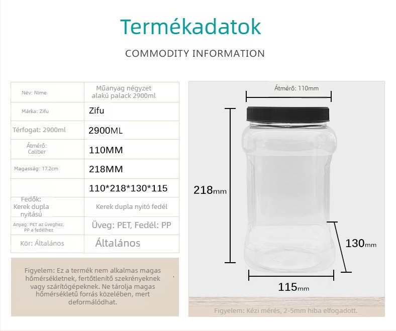 Kézben tartható négyzet alakú PET-palack sík fedéllel, alumínium-fólia tömítőgyűrű és nyomtatott logó