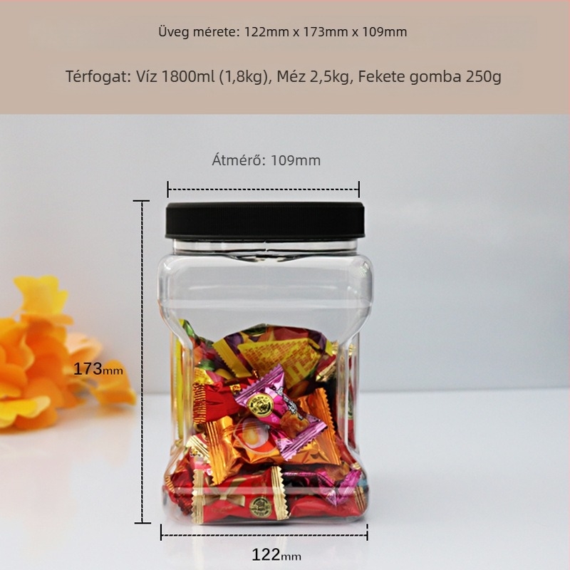 Kézben tartható négyzet alakú PET-palack sík fedéllel, alumínium-fólia tömítőgyűrű és nyomtatott logó