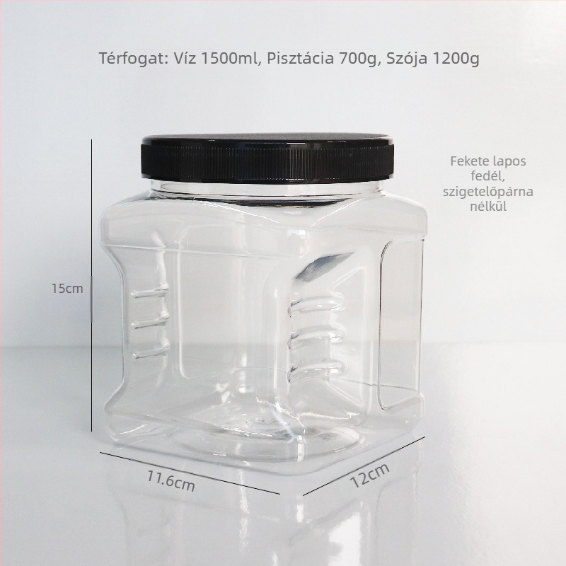 Kézben tartható négyzet alakú PET-palack sík fedéllel, alumínium-fólia tömítőgyűrű és nyomtatott logó