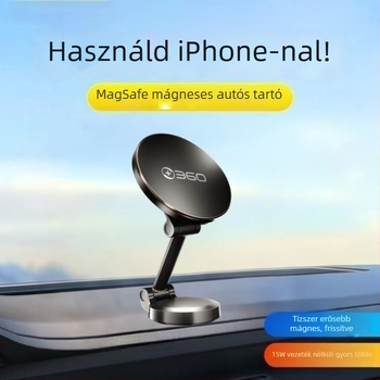 360 Autó-mágneses vezeték nélküli töltő, 15W gyors töltés, összecsukható műszerfal-tartó