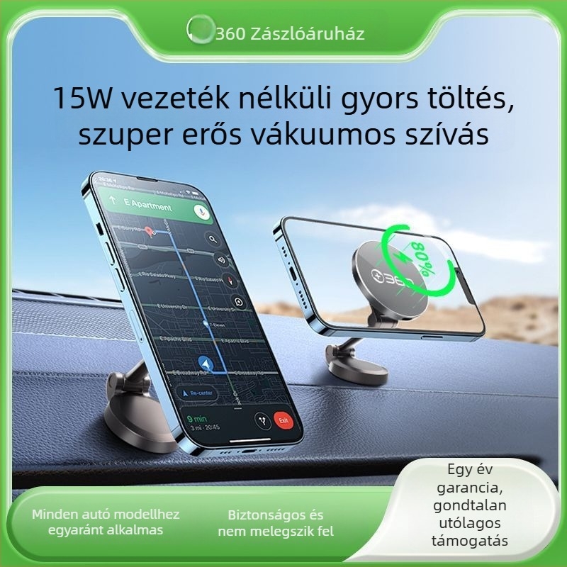 360 Autó-mágneses vezeték nélküli töltő, 15W gyors töltés, összecsukható műszerfal-tartó
