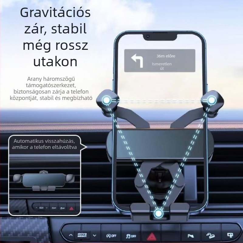 Univerzális autós telefontartó navigációhoz, gravitációs szellőzőrögzítés, levegőcsatornához illeszkedő csatlakozás, testreszabható