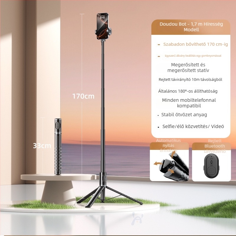 Selfie bot és tripod egyben, ötvözet test, távirányító, Bluetooth, IBIS, univerzális kompatibilitás