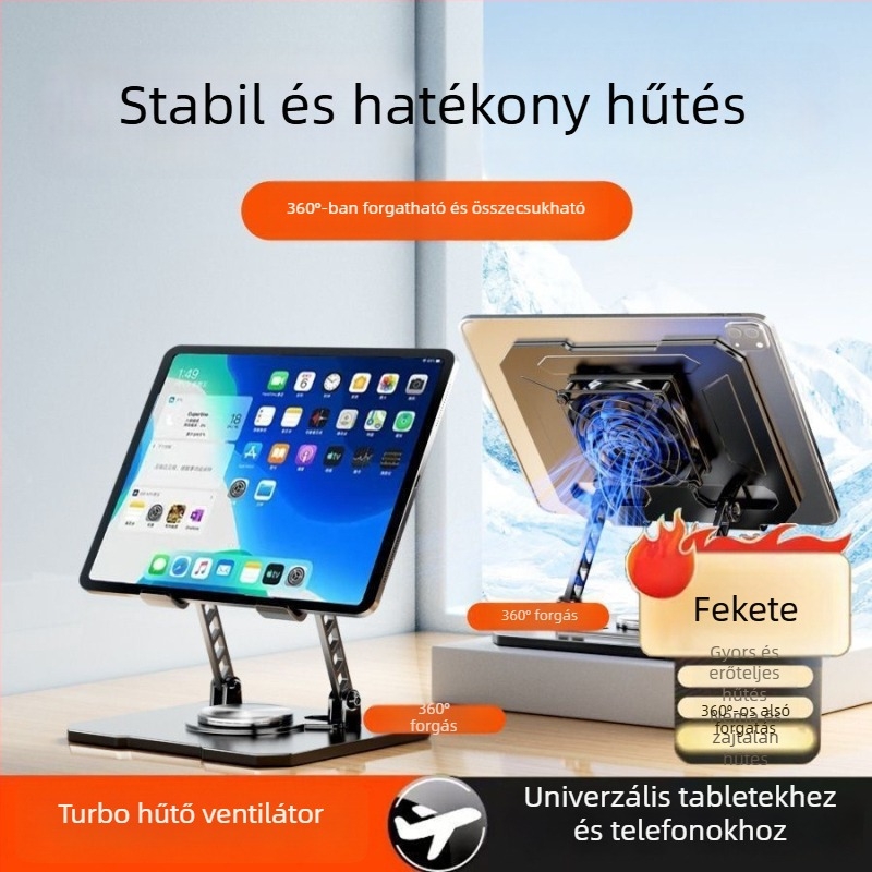Telefon és tabletát tartó asztali állvány hőelvezetéssel, 360° forgatással, összecsukható