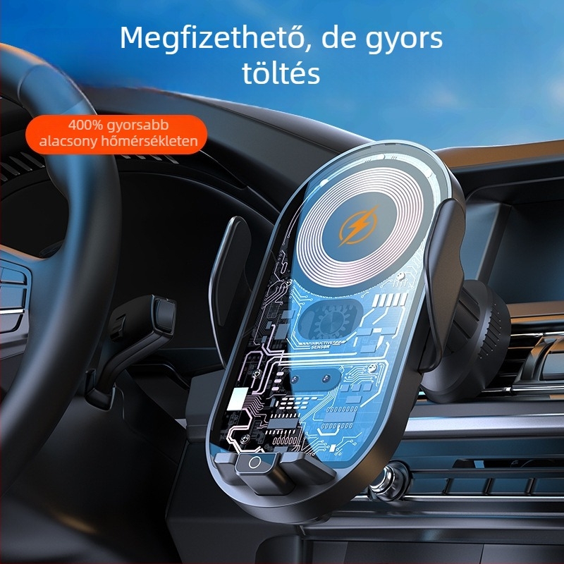 Autótelefon-tartó vezeték nélküli gyorstöltéssel és intelligens érzékelővel, légkivezetőre csíptetős rögzítés, 66W