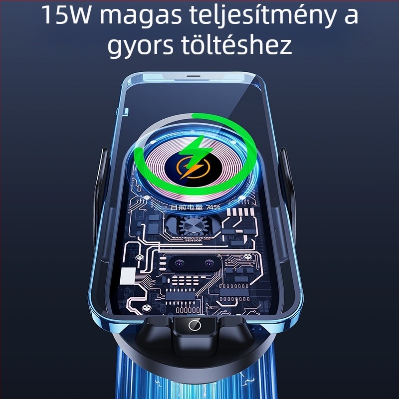 Autótelefon-tartó vezeték nélküli gyorstöltéssel és intelligens érzékelővel, légkivezetőre csíptetős rögzítés, 66W