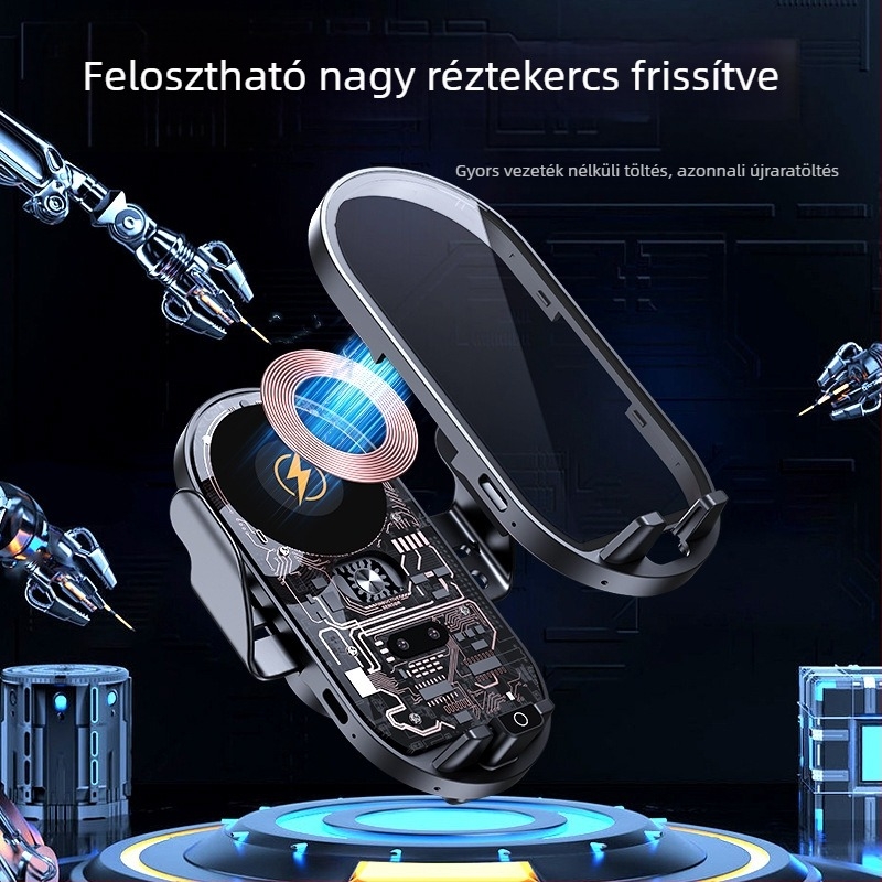 Autótelefon-tartó vezeték nélküli gyorstöltéssel és intelligens érzékelővel, légkivezetőre csíptetős rögzítés, 66W
