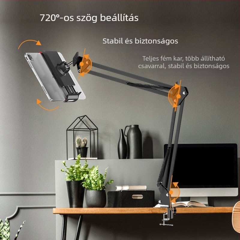 Forgó teleszkópos cantileverrel és összecsukható fém karral rendelkező állvány tabletához és telefonhoz, clamp rögzítés, rezgéscsillapító