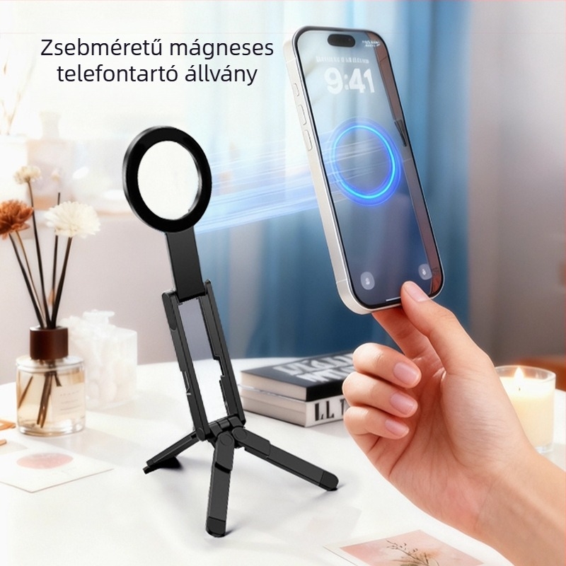 Zsebméretű mágneses telefontartó háromlábú állvánnyal fényképezéshez és élő közvetítéshez, asztali selfie pálca