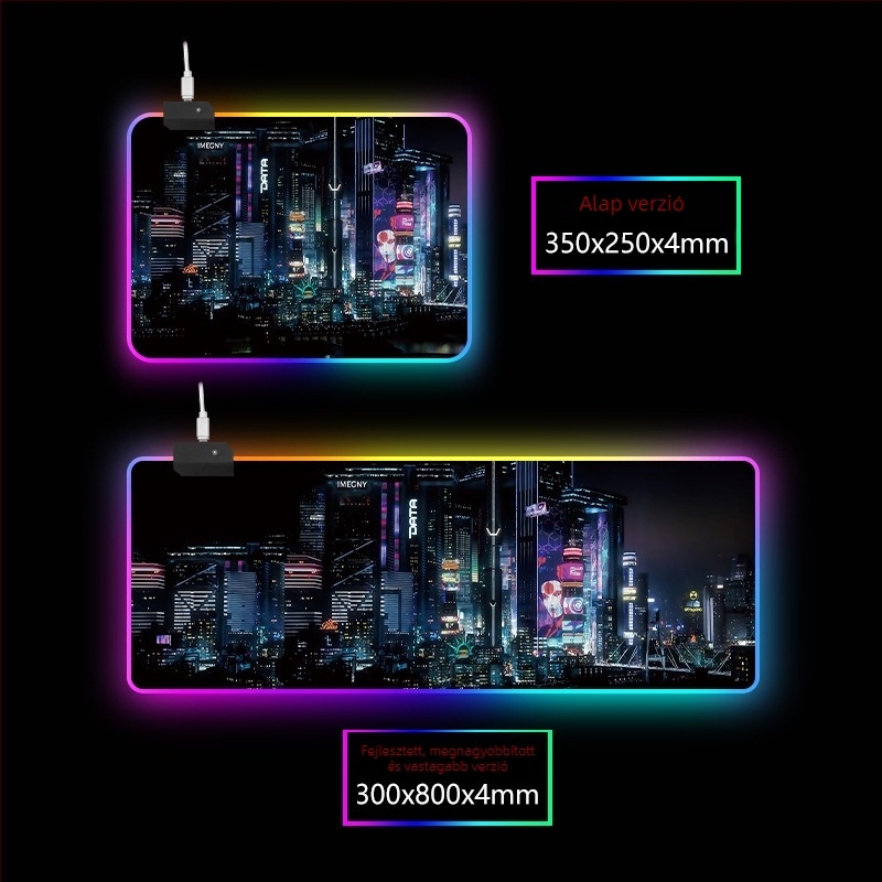 RGB világító asztali mat csuklótámasz funkcióval, gumi+textil, hőtranszfer nyomtatás, logónyomtatás elérhető