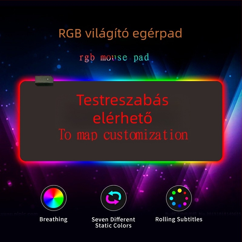 RGB világító asztali mat csuklótámasz funkcióval, gumi+textil, hőtranszfer nyomtatás, logónyomtatás elérhető