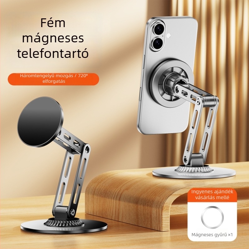 Asztali mágneses telefonállvány, fémből, forgatható, háromtengelyes emelés a streaminghez és videózásához