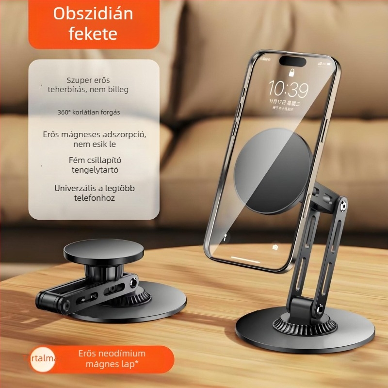 Asztali mágneses telefonállvány, fémből, forgatható, háromtengelyes emelés a streaminghez és videózásához