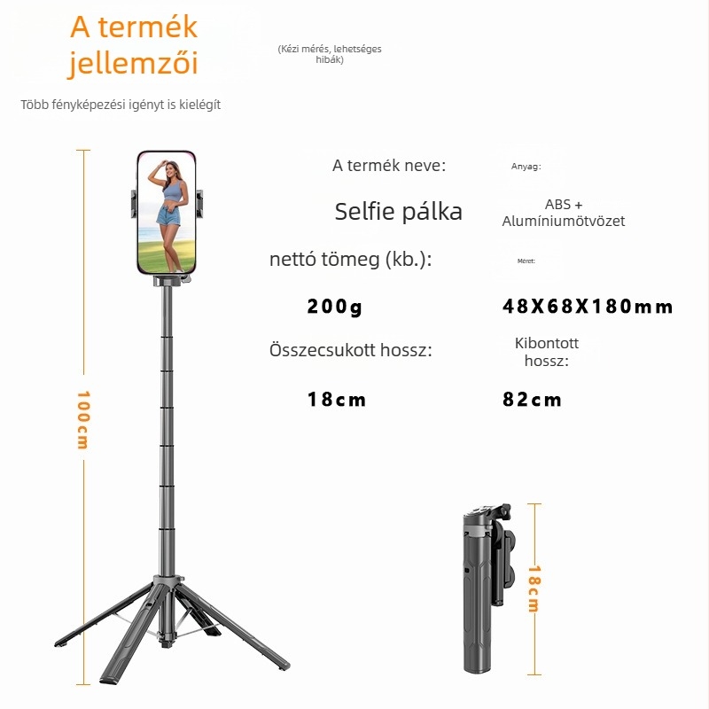 Selfie stick tripod – mini, kihajtható négylábú állvány, Bluetooth távirányító, ötvözet JC-31