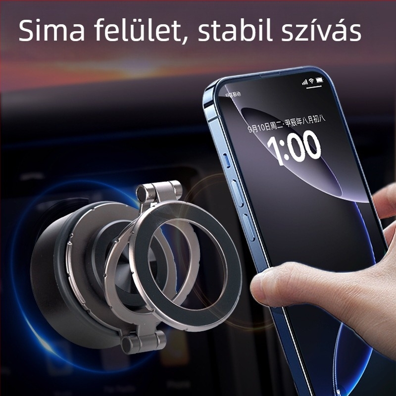 360°-os forgatható autós telefon-tartó, szívófejes rögzítés a műszerfalra, mágneses rögzítés, univerzális kompatibilitás, testreszabható