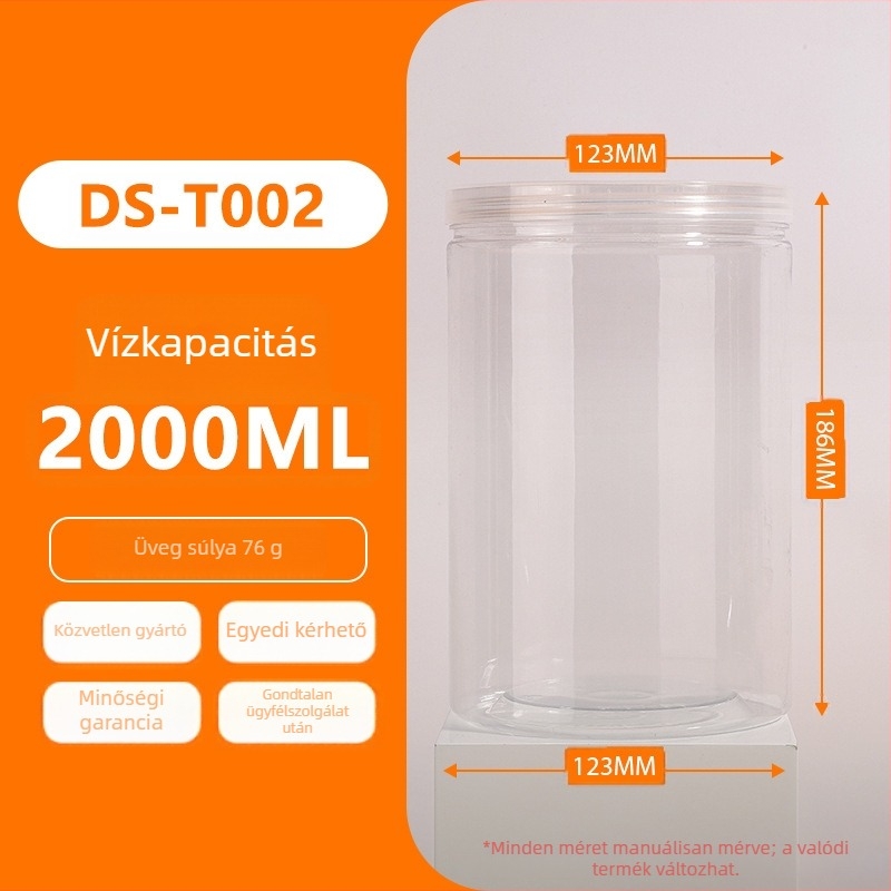 PET műanyag üveg széles szájú, csavaros kupakkal, sorozat, 1500/2000/2300 ml, PP fedél, csomagolásban