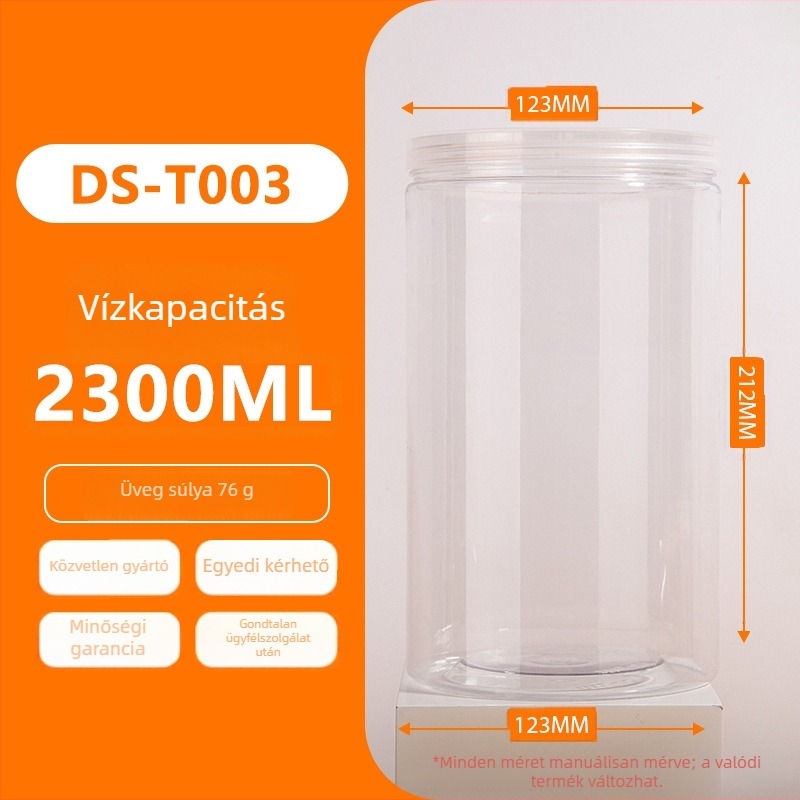 PET műanyag üveg széles szájú, csavaros kupakkal, sorozat, 1500/2000/2300 ml, PP fedél, csomagolásban