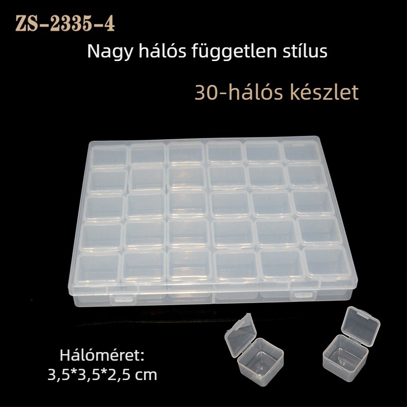 Gyöngy tároló doboz fedéllel és rekeszekkel, átlátszó PP rendező, lezárt, közepes méret