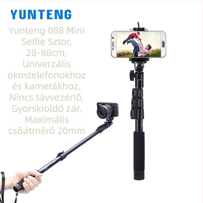 Yunteng 188 Hordozható szelfi állvány egy lábbal, Bluetooth távirányítóval, alumínium ötvözet