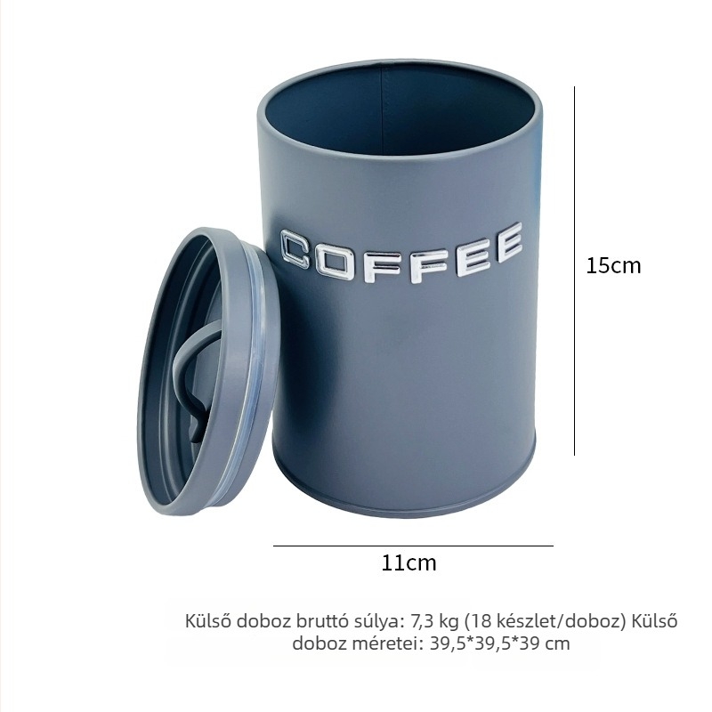 Fémes, cilindrikus kávébab-tároló, élelmiszer-minőségű, nedvességálló, hermetikus fedéllel, 800–1000 ml kapacitású