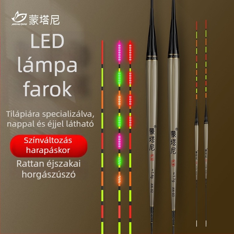 Montani LED éjszakai fényű horgászúszó harapásjelzővel, színváltó, rövid törzs, hosszú test, nappali- és éjszakai kettős használatú