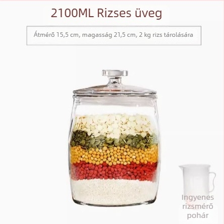 Nedvességálló üvegtároló edény gabonafélék és aszalt gyümölcsök számára, kerek kialakítású, légmentesen záródó fedél
