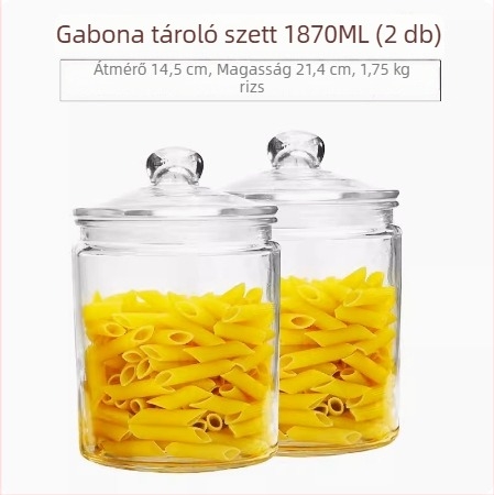 Nedvességálló üvegtároló edény gabonafélék és aszalt gyümölcsök számára, kerek kialakítású, légmentesen záródó fedél
