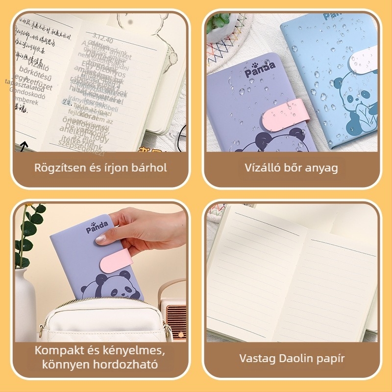 Jegyzetfüzet Panda csattal, karikatúra borító, varrott kötés, műbőr borítás, Dowling papír, 80 g/m², 100–200 oldal