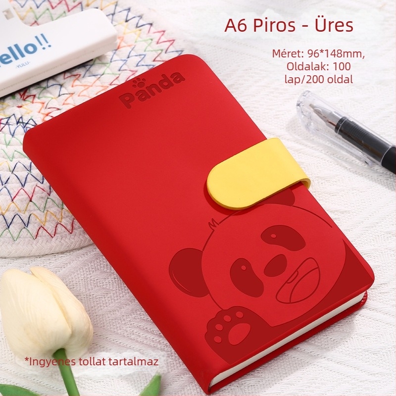 Jegyzetfüzet Panda csattal, karikatúra borító, varrott kötés, műbőr borítás, Dowling papír, 80 g/m², 100–200 oldal