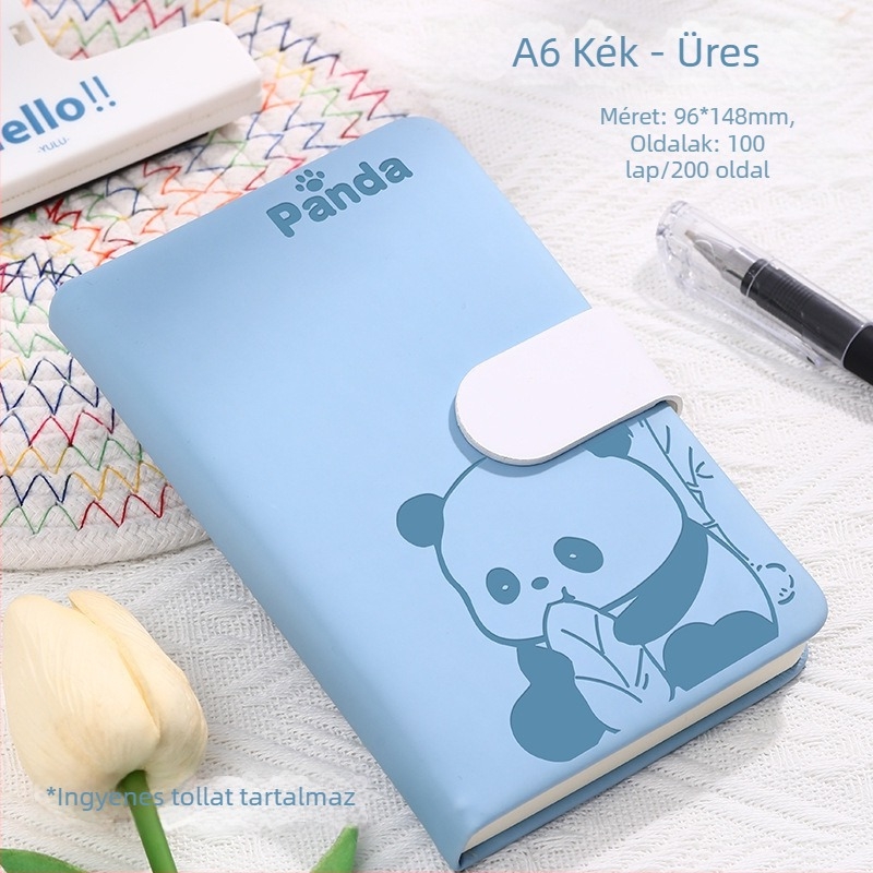 Jegyzetfüzet Panda csattal, karikatúra borító, varrott kötés, műbőr borítás, Dowling papír, 80 g/m², 100–200 oldal