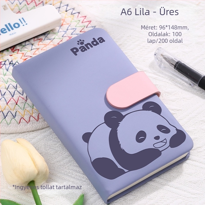 Jegyzetfüzet Panda csattal, karikatúra borító, varrott kötés, műbőr borítás, Dowling papír, 80 g/m², 100–200 oldal