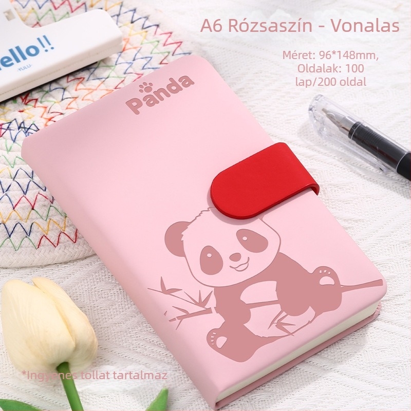 Jegyzetfüzet Panda csattal, karikatúra borító, varrott kötés, műbőr borítás, Dowling papír, 80 g/m², 100–200 oldal