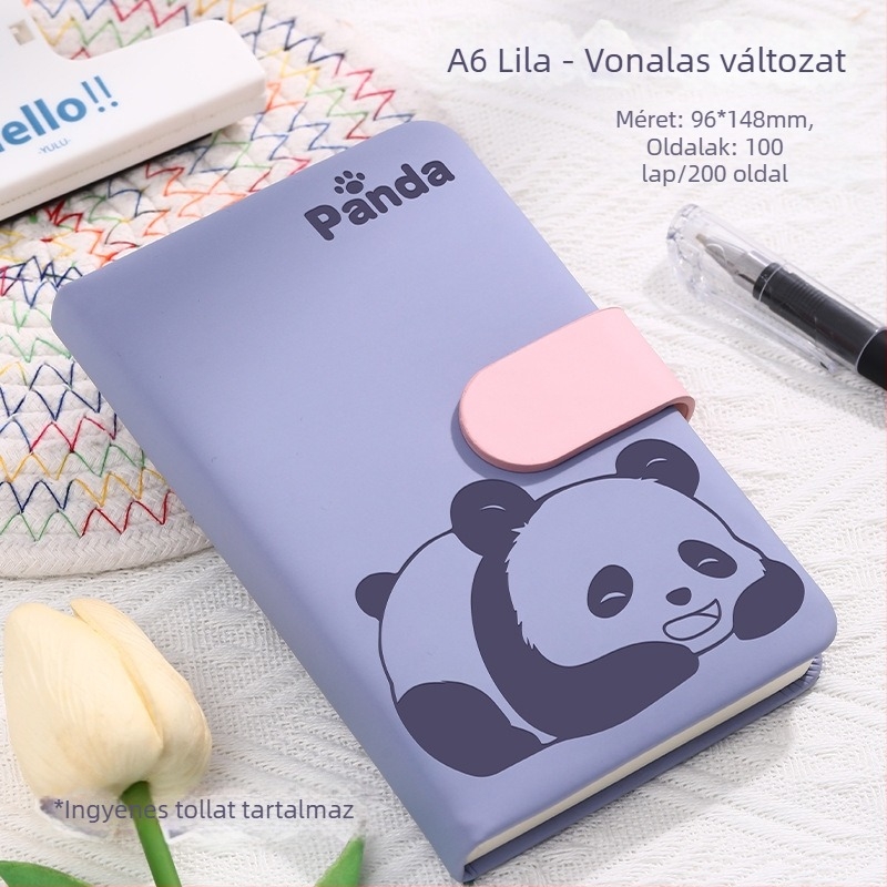 Jegyzetfüzet Panda csattal, karikatúra borító, varrott kötés, műbőr borítás, Dowling papír, 80 g/m², 100–200 oldal