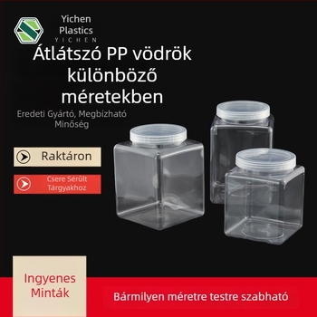 Szögletes műanyag tároló üveg széles nyílással és csavaros kupakkal, PP/PET, testreszabható kapacitás