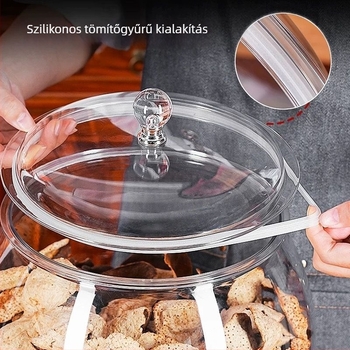 Élelmiszer-minőségű műanyag tárolóedény tea és mandarinhéj tárolására, átlátszó PET anyagból, fedéllel, kapacitások: 6 L, 11 L és 18 L