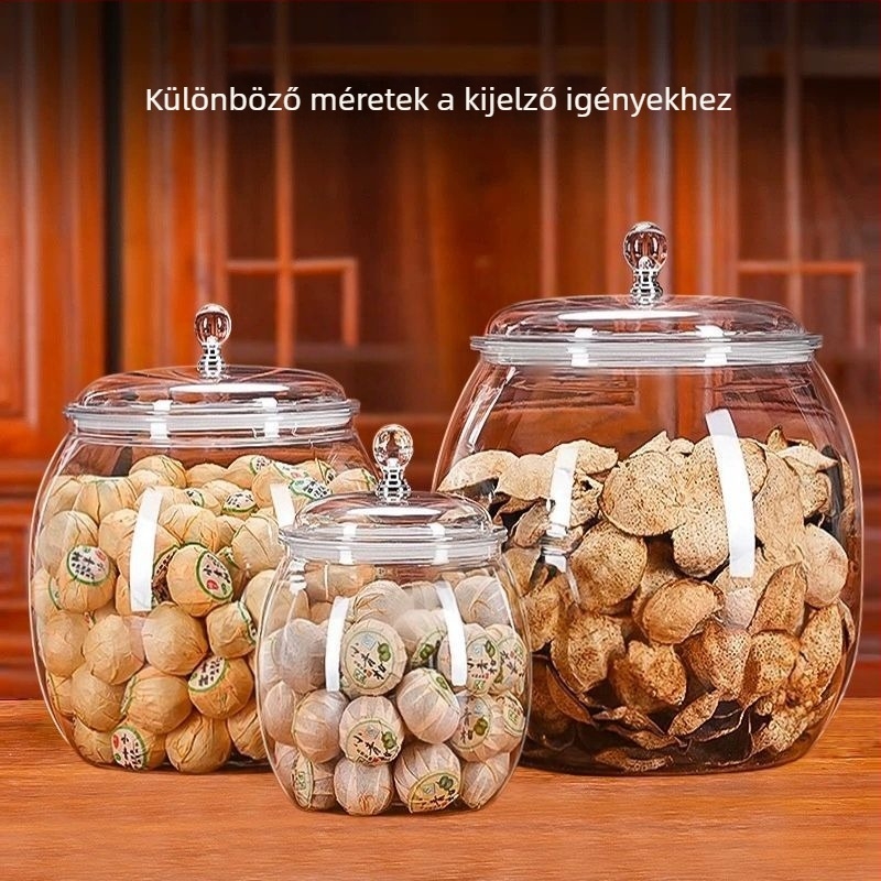 Élelmiszer-minőségű műanyag tárolóedény tea és mandarinhéj tárolására, átlátszó PET anyagból, fedéllel, kapacitások: 6 L, 11 L és 18 L