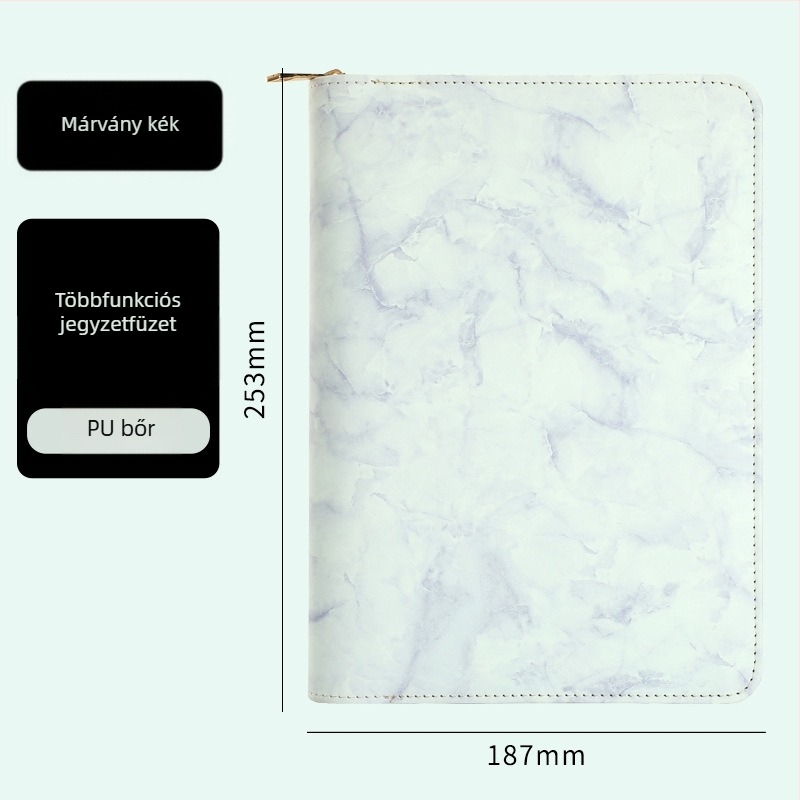 PU bőr multifunkcionális cipzáras táska, A5-ös üzleti jegyzetfüzet leválasztható tervezővel és oldalas lapokkal