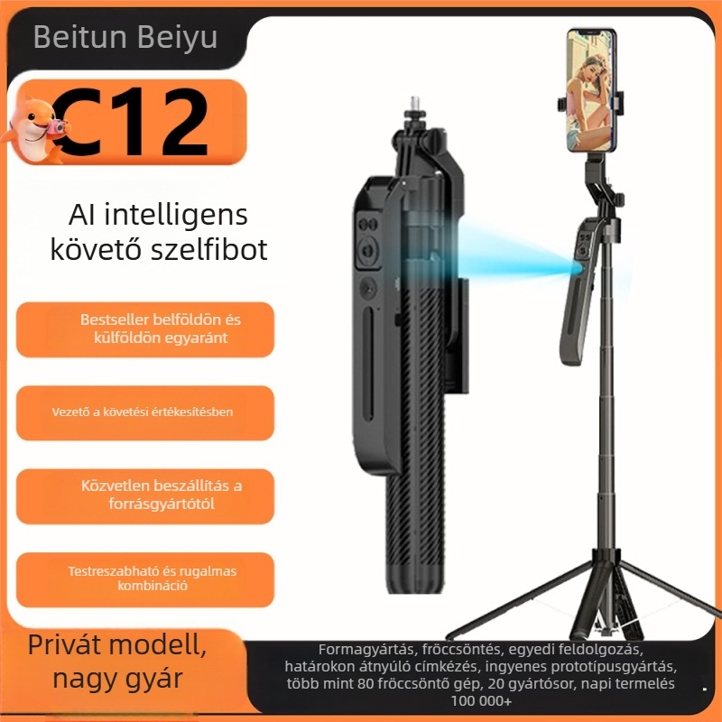 C12 Selfie stick gimbal telefonhoz, 1.8 m négyszögletes állvány követéssel élő közvetítéshez